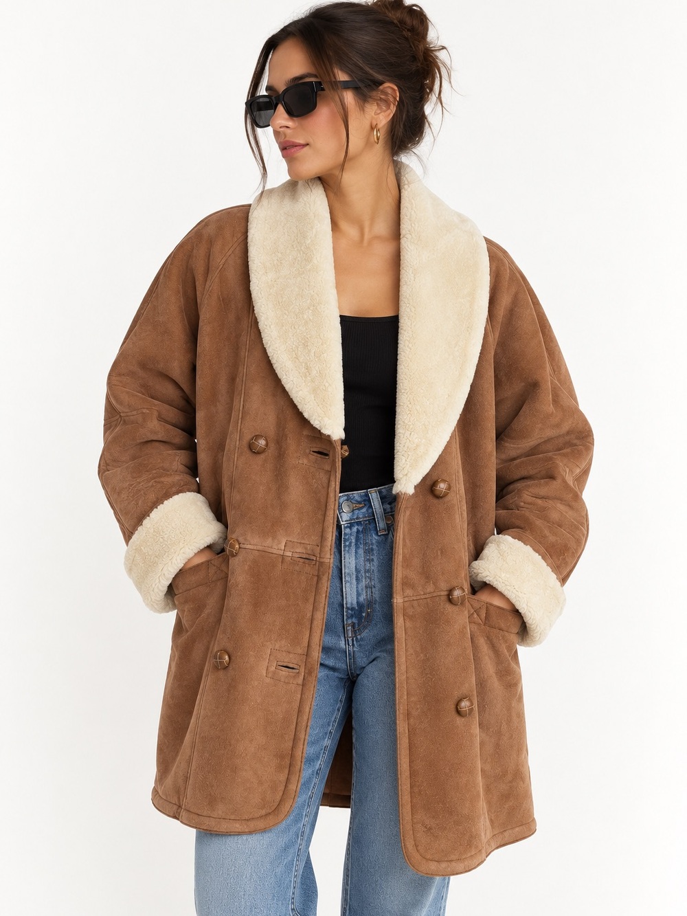 Vintage Danier Genuine Shearling Sheepskin Coat Brown Cream ES